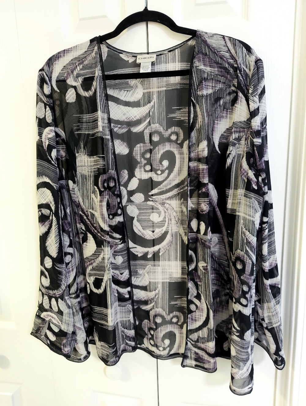 Chicos Jacket, Size 3, 100% Silk,‎ Sheer Chiffon, Black White Scroll Design